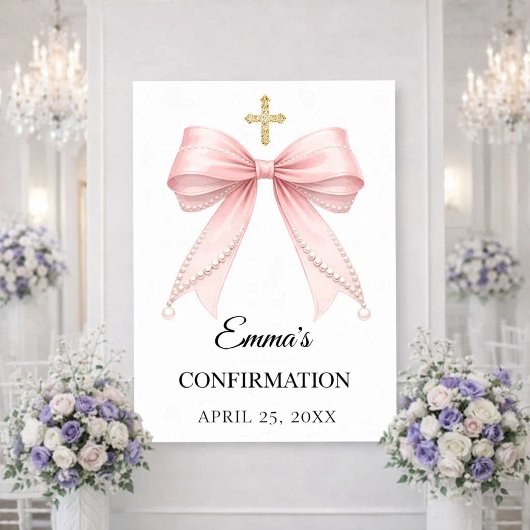 Poster Pink bow pearls Confirmation welcome