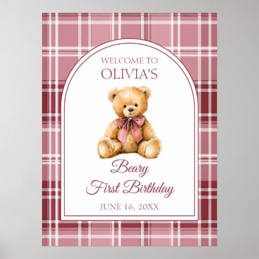Poster Pink Bow Teddy Bear Birthday Welcome Sign (Devant)