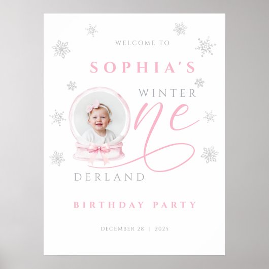 Poster Pink Bow Winter First Birthday Welcome Sign (Devant)