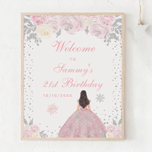 Poster Pink Brunette Coiffeuse Fille Anniversaire Bienven