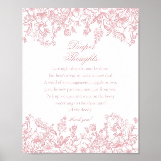 Poster Pink Chinoiserie Flora Diaper Thoughts Baby Shower (Devant)