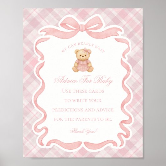 Poster Pink Coquette Bow Bear Shower Advice for Baby (Devant)