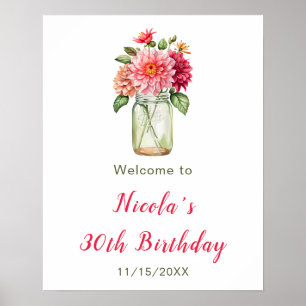Poster Pink Dahlias Mason Jar fête d'anniversaire Bienven