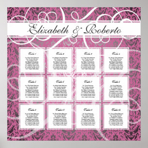 Poster Pink Damask 12 Table Wedding Seating Plan Chart