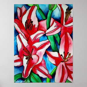 Poster Pink day Lily watercolor art painting