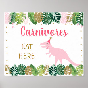 Poster Pink Dinosaur Carnivores Birthday Food Table Sign