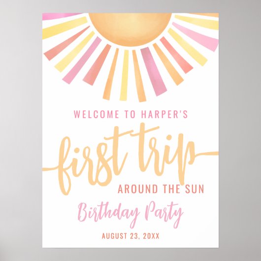 Poster Pink First Trip Around The Sun 1st Birthday Sign (Devant)