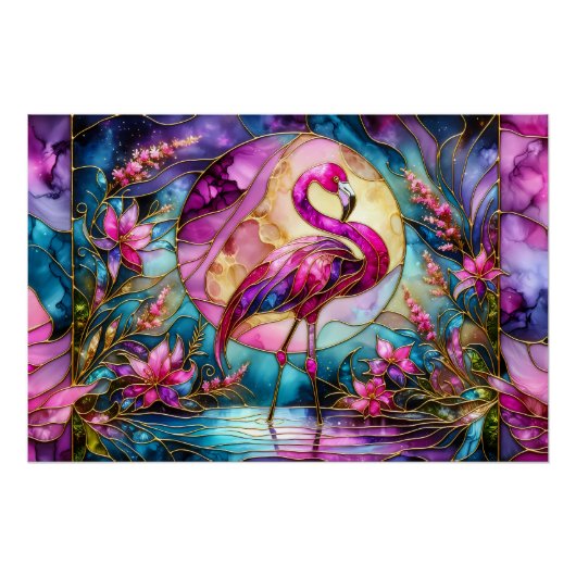 Poster Pink Flamingo Stained Glass Mosaic (Devant)