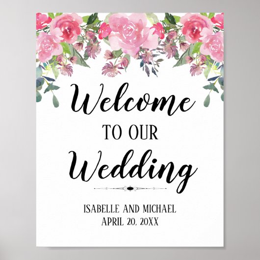 Poster Pink Floral Aquarelle Welcome Mariage Sign (Devant)