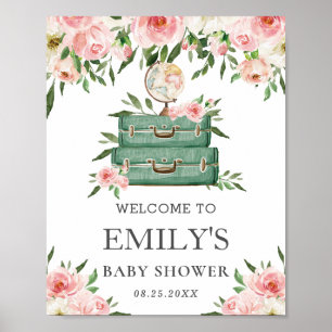 Poster Pink Floral Aventure Voyage Baby shower Bienvenue