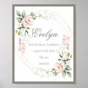 Poster Pink Floral Baby Girl Birth Announcement Sign