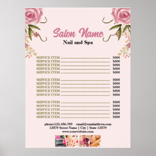 Poster Pink Floral Beauty Nail Salon Prix du menu