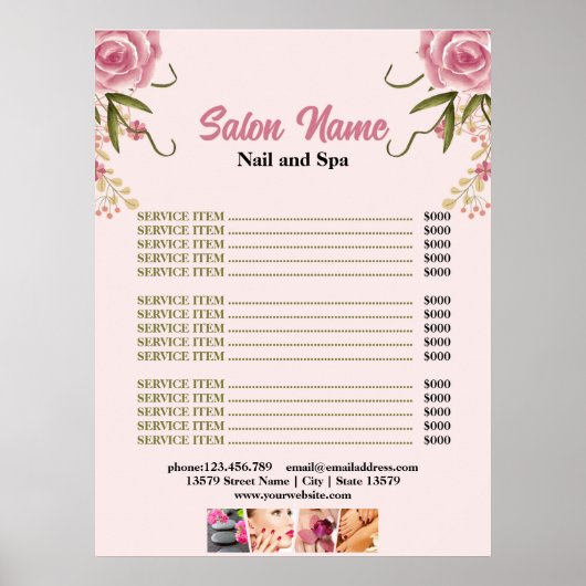 Poster Pink Floral Beauty Nail Salon Prix du menu (Devant)