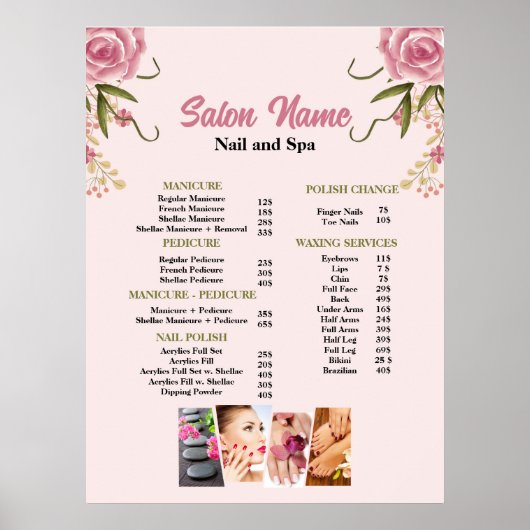 Poster Pink Floral Beauty Nail Salon Prix du menu (Devant)