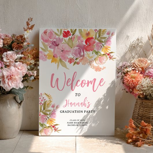 Poster Pink Floral Bold Hand-Painted Graduation Welcome
