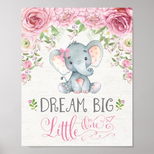 Poster Pink Floral Elephant Nusery Art Décor Mur Imprimer (Devant)
