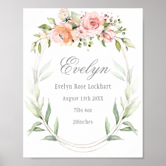 Poster Pink Floral Foliage Bébé Faire-part de naissance S (Devant)