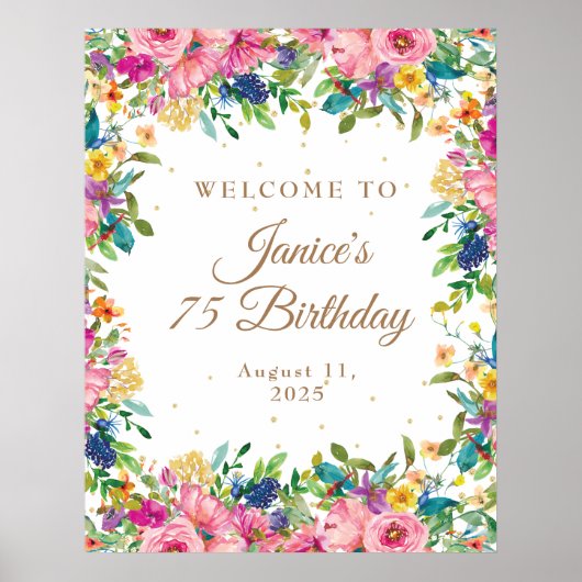 Poster Pink Floral Gold Glitter 75th Birthday Welcome  (Devant)