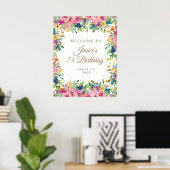 Poster Pink Floral Gold Glitter 75th Birthday Welcome  (Bureau à domicile)