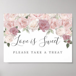 Poster Pink Floral Love is Sweet Mariage Dessert Bar Sign