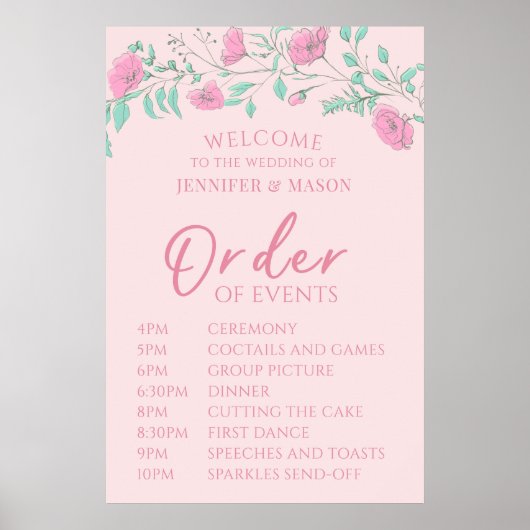 Poster Pink floral Ordre des événements Panneau Mariage (Devant)
