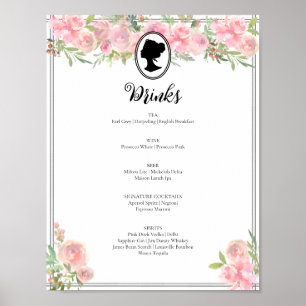 Poster Pink Floral Regency Fête des mariées Cocktail Menu