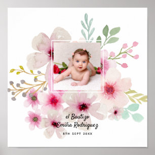 Poster Pink Floral Rose PHOTO BAUTIZO Baptism Girls Named
