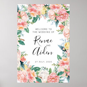 Poster Pink Floral signe d'accueil Mariage, Floral bienve