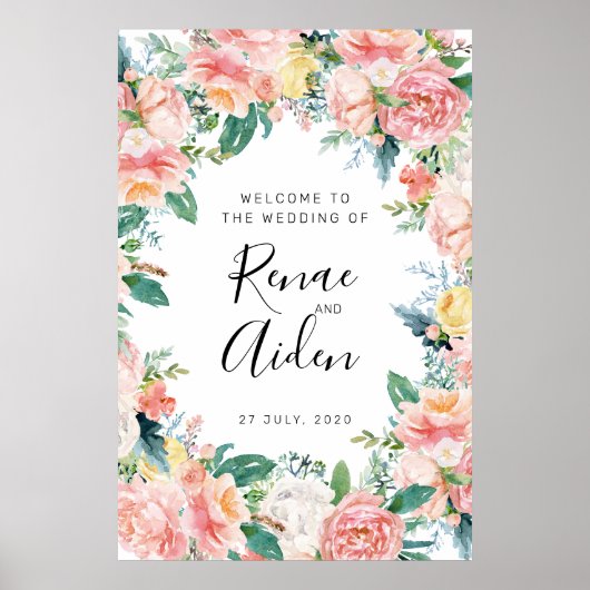 Poster Pink Floral signe d'accueil Mariage, Floral bienve (Devant)