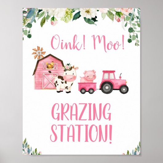 Poster Pink Floral Tractor Animaux de ferme Signal d'anni (Devant)