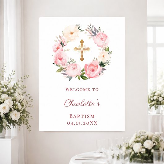 Poster Pink floral wreath Baptism welcome
