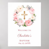 Poster Pink floral wreath Baptism welcome (Devant)