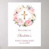Poster Pink floral wreath First Communion welcome (Devant)
