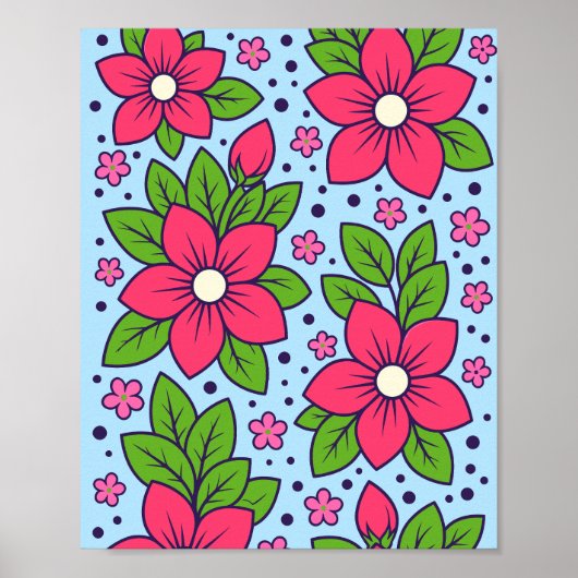 Poster Pink Florals with Bold Petals and Green Leaves (Devant)