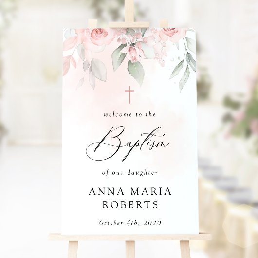Poster Pink Flowers, Greenery, Boho, Baptism Welcome