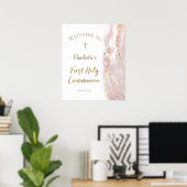Poster pink fluid marble | First Communion welcome sign (Bureau à domicile)