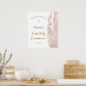 Poster pink fluid marble | First Communion welcome sign (Cuisine)