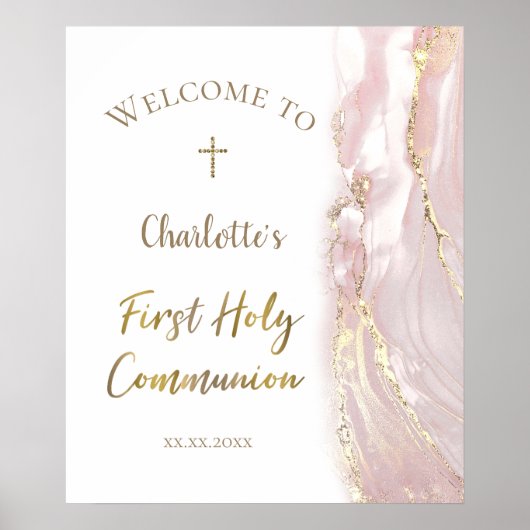 Poster pink fluid marble | First Communion welcome sign (Devant)