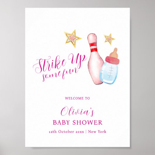 Poster Pink Fun Strike Up Bowling Baby Shower Welcome (Devant)