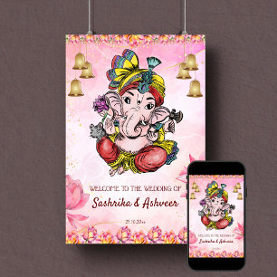 Poster Pink Ganesha lotus mariage indien signe de bienven