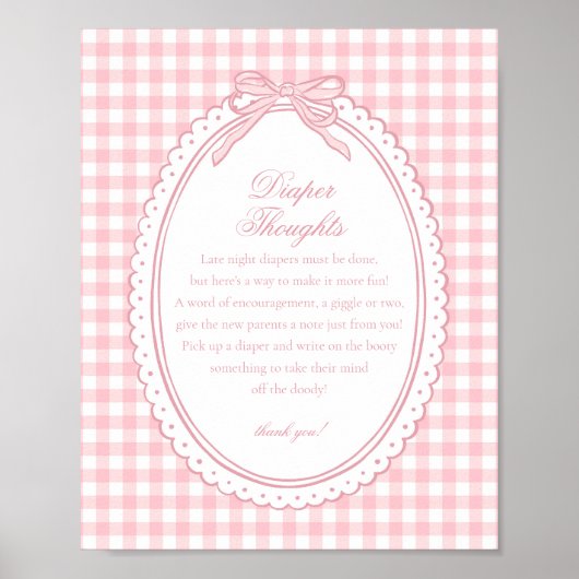 Poster Pink Gingham Coquette Bow Diaper Thoughts Baby (Devant)