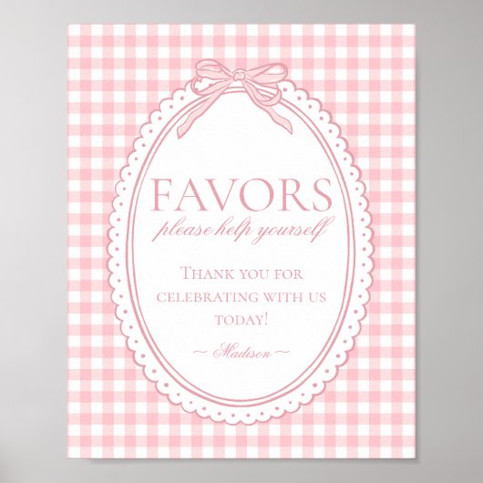 Poster Pink Gingham Coquette Bow Favors Sign (Devant)