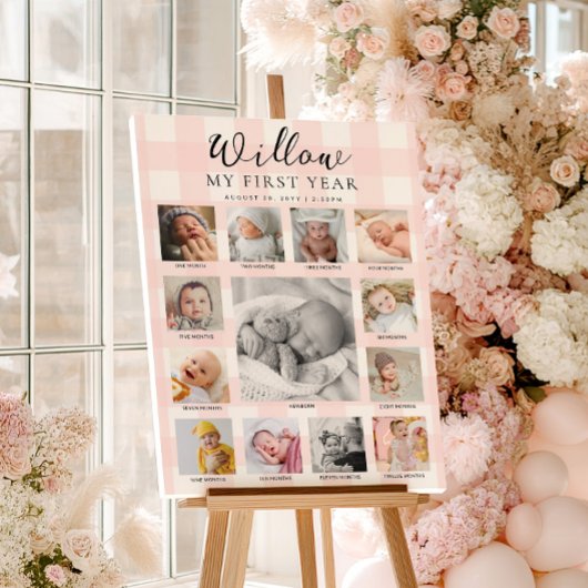 Poster Pink Gingham First Birthday Photo Timeline