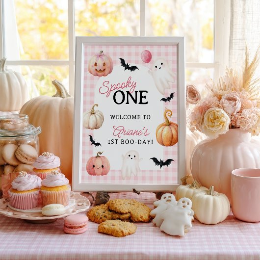 Poster Pink Gingham Spooky One First Birthday Welcome