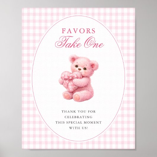 Poster Pink Gingham Teddy Bear Neutral Baby Shower (Devant)