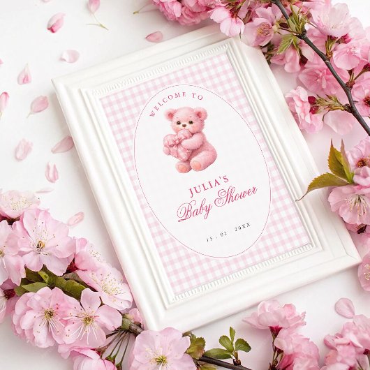 Poster Pink Gingham Teddy Bear Neutral Baby Shower
