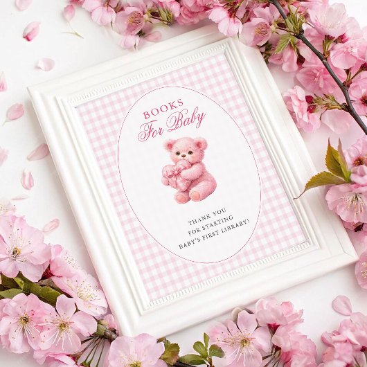 Poster Pink Gingham Teddy Bear Neutral Baby Shower