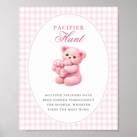 Poster Pink Gingham Teddy Bear Neutral Baby Shower (Devant)