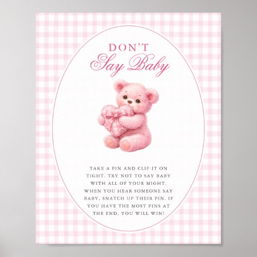 Poster Pink Gingham Teddy Bear Neutral Baby Shower (Devant)