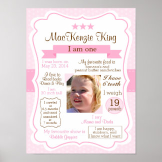 Poster Pink Girl un an signe pour votre fille d'anniversa